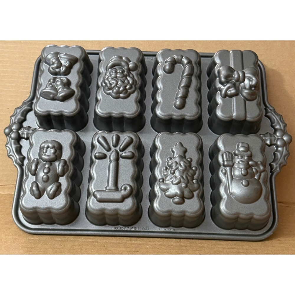Nordic Ware Holiday Mini Loaf Pan 8 Cavity Cast Aluminum Christmas Cake Pan Gray